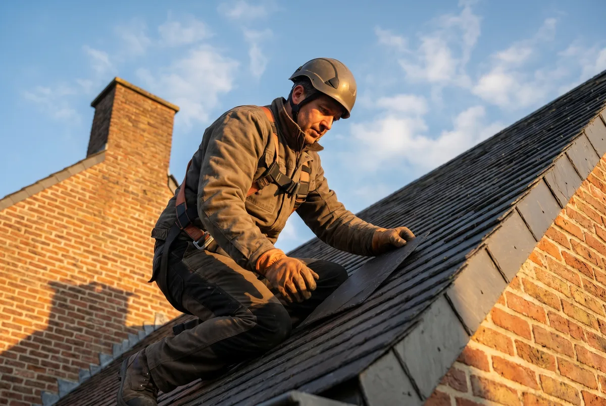 Couvreur professionnel installant une toiture en ardoises